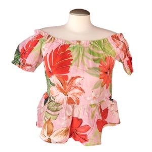 Zara | 100% Linen Smocked Floral Summer Sexy Off Shoulder Short Sleeve